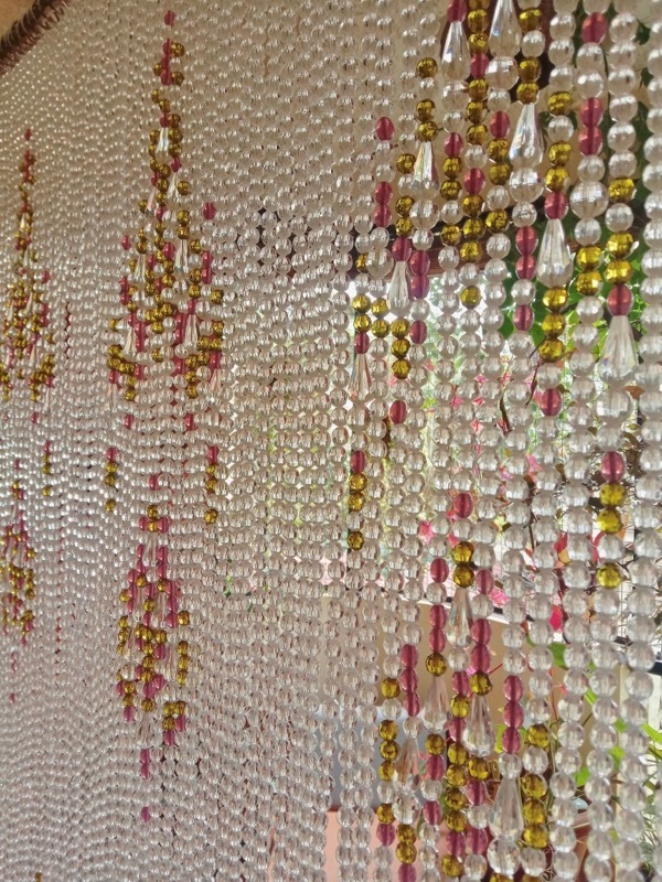 White Crystals Room Partition Embellished With Pink And Green Beads